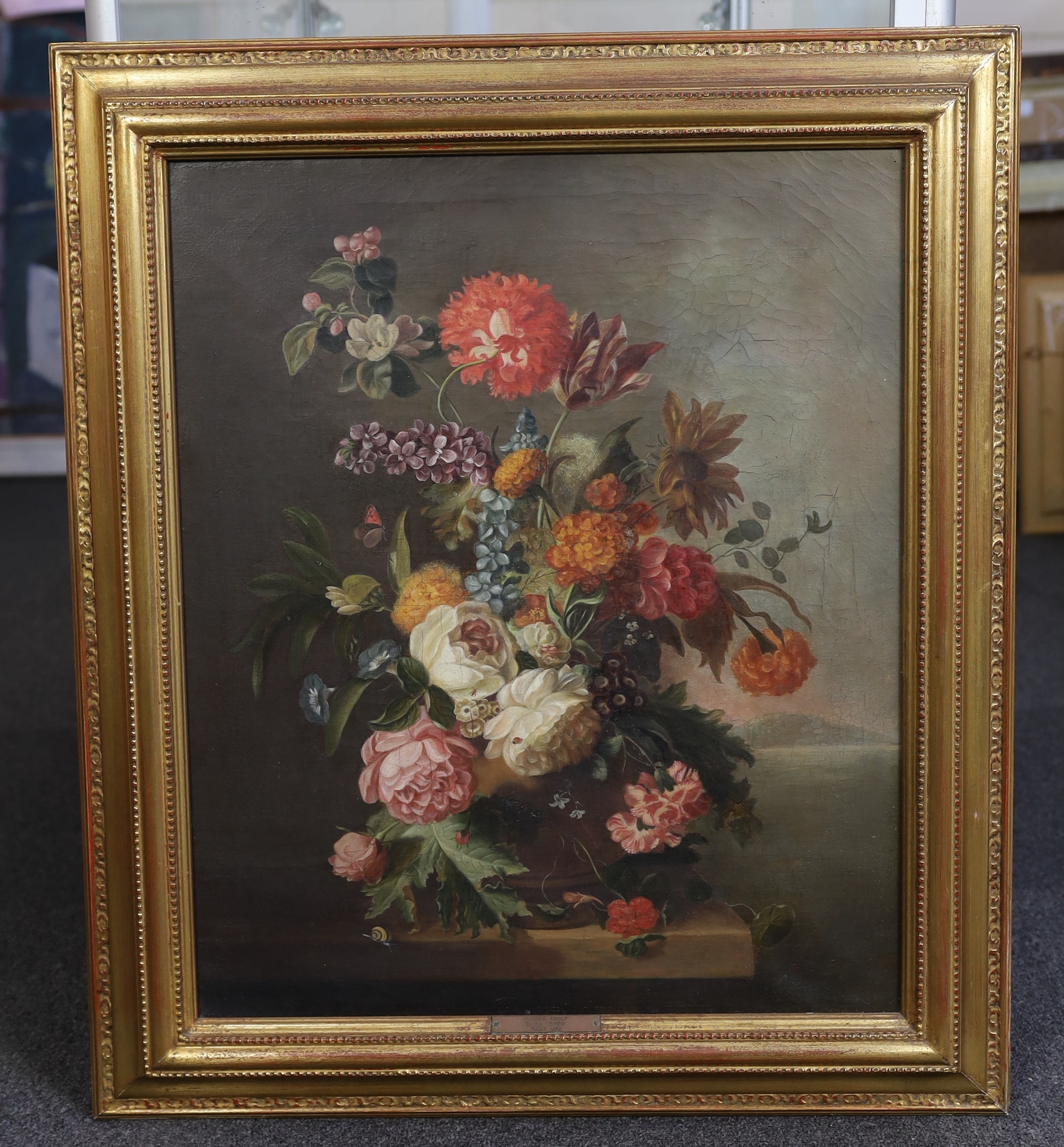 Dutch School c.1750, Still life of flowers in a vase upon a ledge, oil on canvas, 60 x 49cm